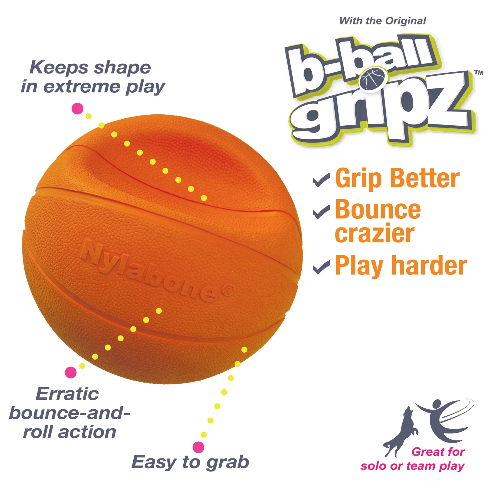Nylabone Power Play Dog Basketball BBall Gripz Medium/Wolf up to 35 lb, 4.5 in, 1 ct - Image 2