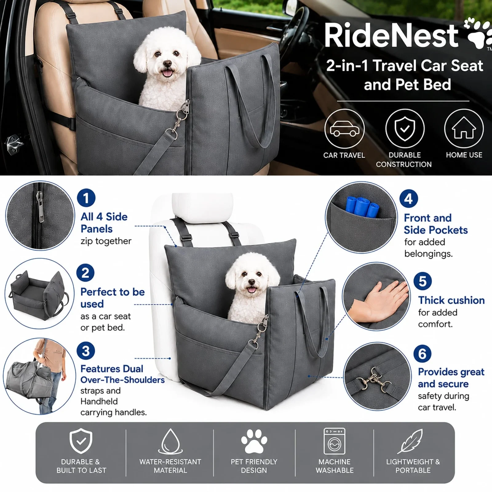 Pet Life ® RideNest 2-in-1 Travel Pet Carseat and Pet Bed - Image 2