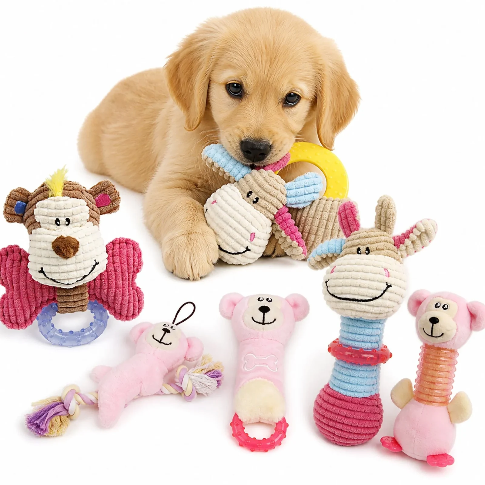 Pet Life ® 6-Piece Girl Puppy Starter Kit Plush Rope Teething and Crinkle Dog Toy Set - Pink