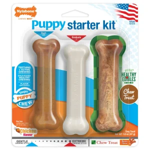 Nylabone Puppy Starter Kit Dog Chew Toys Dog Treat Chicken Bacon, Small/Regular up to 25 lb. 3 ct