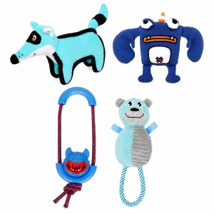 Pet Life ® 4-Piece Fetch Tug and Plush Squeaking Bundle Dog Toy Set - Blue
