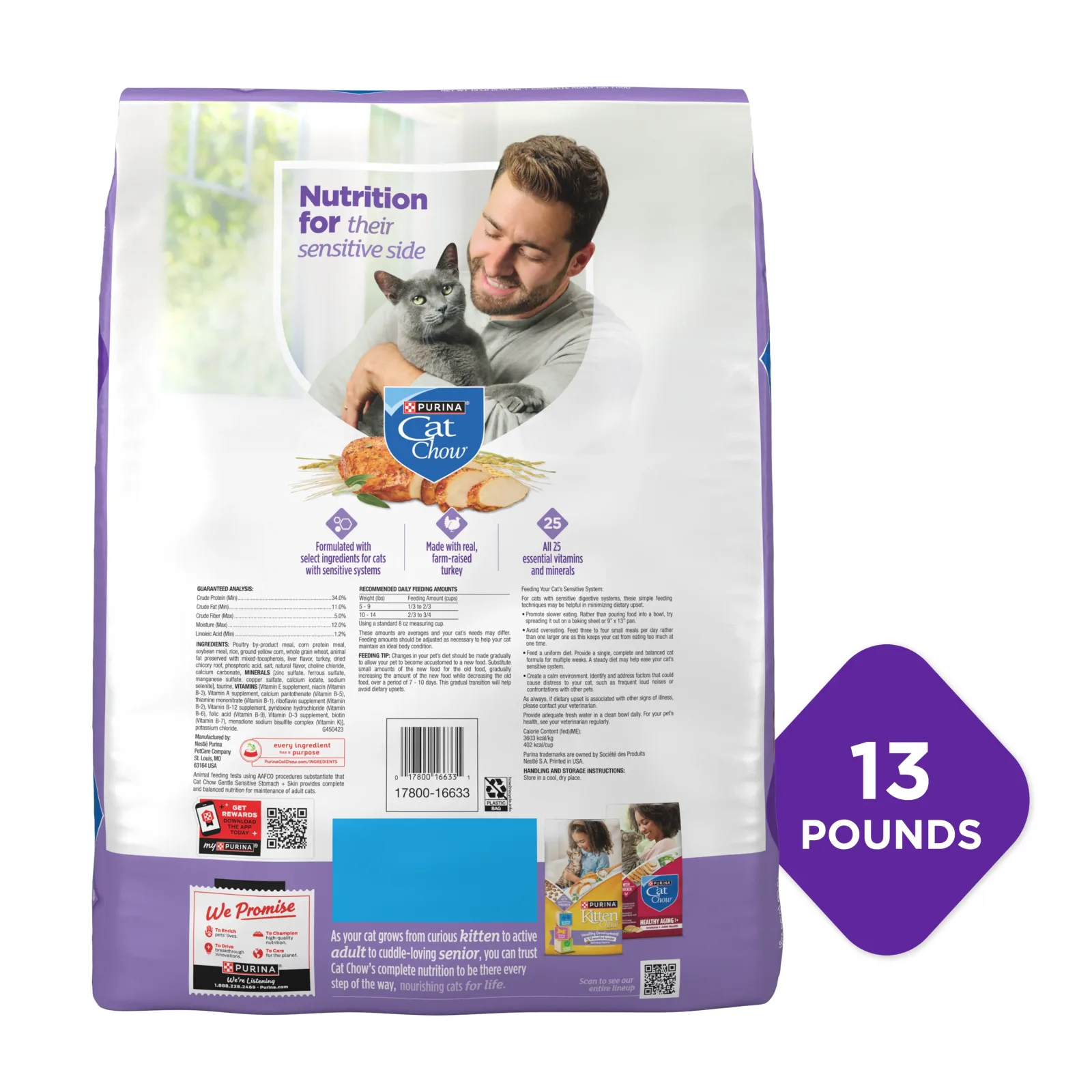 Purina Cat Chow Gentle Sensitive Stomach and Skin Dry Cat Food with Turkey - 13 lb. Bag - Image 2