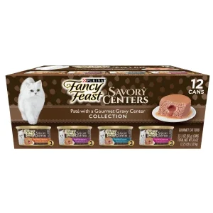 Purina Fancy Feast Savory Centers Wet Cat Food Pate Variety Pack With Chicken, Salmon, Beef, and Tuna Pate with Gravy Center - (12) 3 oz. Pull-Top Cans