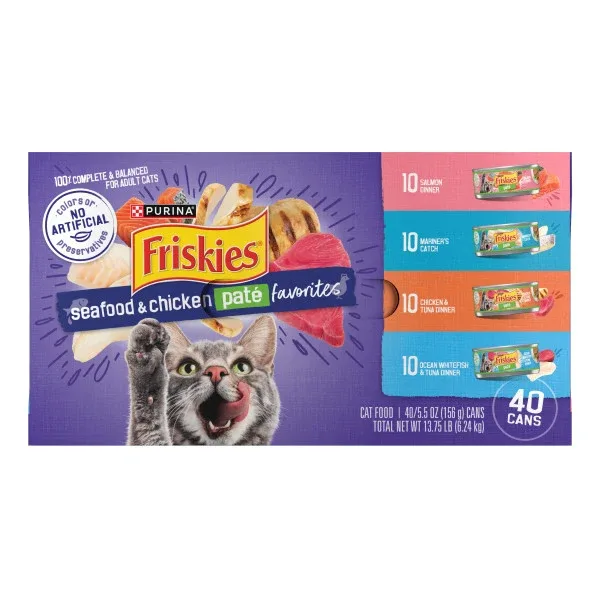 Purina Friskies Pate Wet Cat Food Variety Pack Seafood and Chicken Pate Favorites 40ct VP - (40) 5.5 oz. Cans