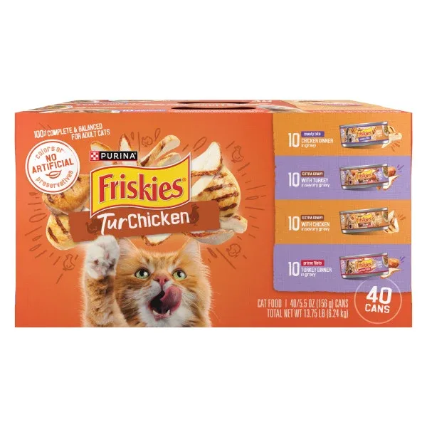 Purina Friskies Wet Cat Food Gravy Variety Pack, TurChicken Extra Gravy Chunky, Meaty Bits and Prime Filets - (40) 5.5 oz. Cans