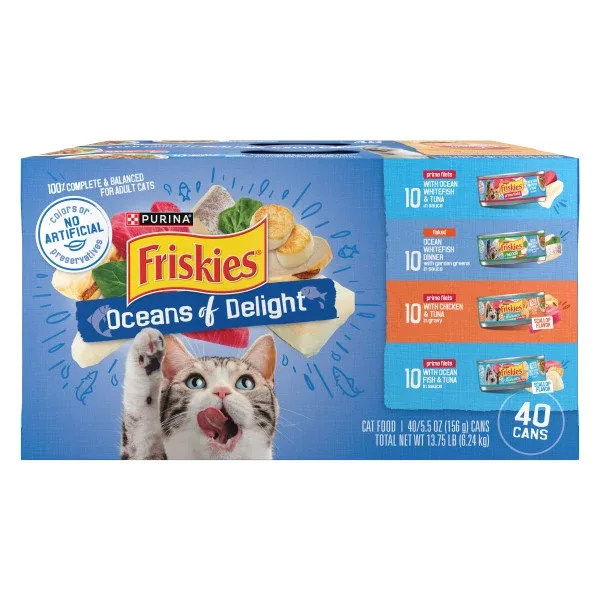 Purina Friskies Wet Cat Food Variety Pack, Oceans of Delight Flaked and Prime Filets - (40) 5.5 oz. Cans