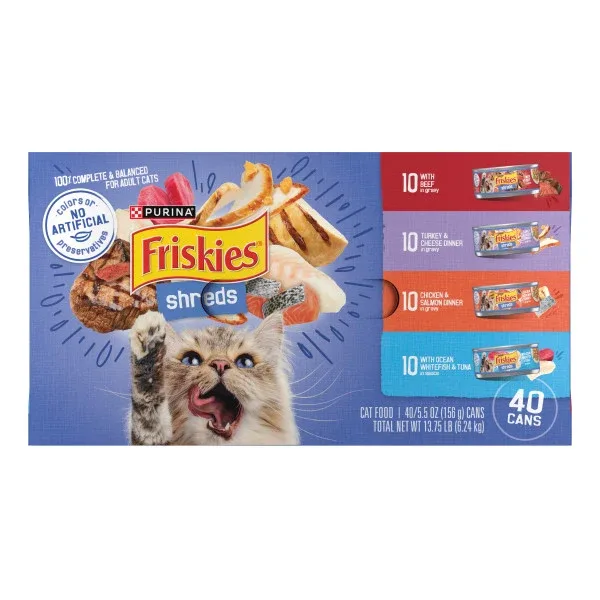 Purina Friskies Wet Cat Food Variety Pack, Shreds with Beef, Turkey and Cheese, Chicken and Salmon, and With Ocean Whitefish and Tuna - (40) 5.5 oz. Cans
