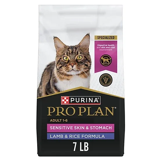 Purina Pro Plan Adult Indoor/Outdoor Sensitive Skin and Stomach Lamb and Rice Formula Dry Cat Food, 7lb