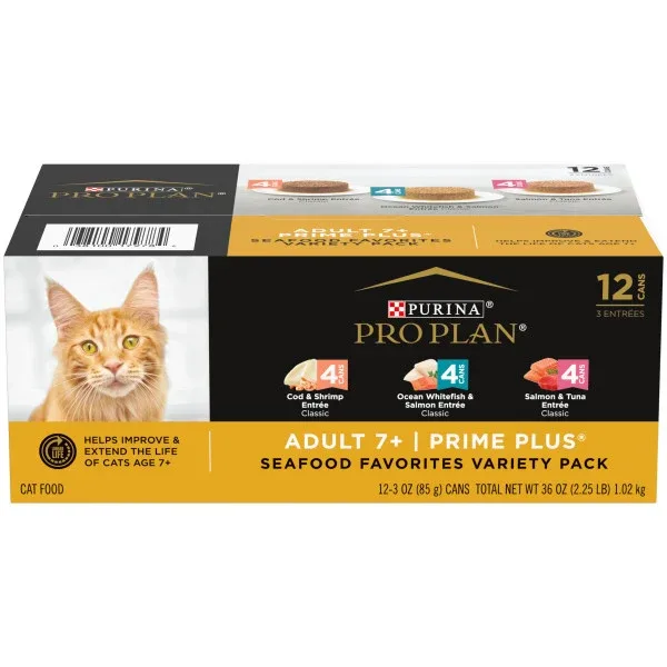 Purina Pro Plan Grain Free Senior Wet Cat Food Variety Pack Pate, SENIOR Seafood Favorites - (12) 3 oz. Cans