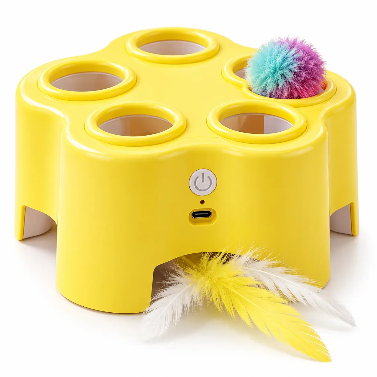Rechargeable Pop-Up Cat Toy – 3-Mode Pom-Pom & Feather Teaser