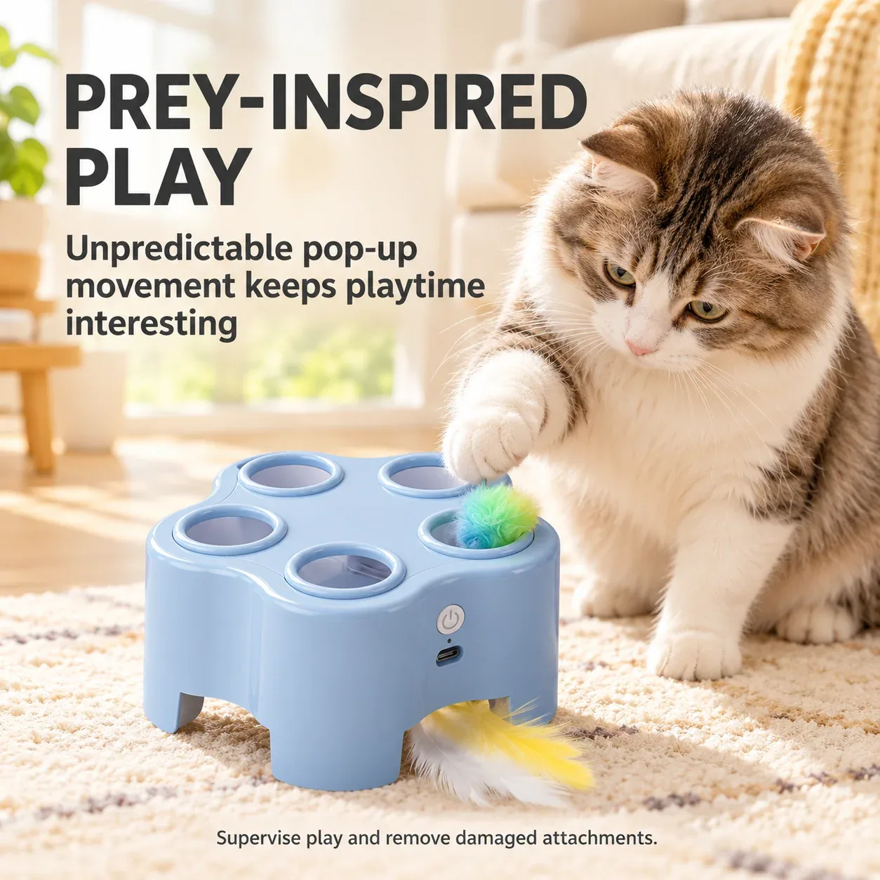 Rechargeable Pop-Up Cat Toy – 3-Mode Pom-Pom & Feather Teaser - Image 2