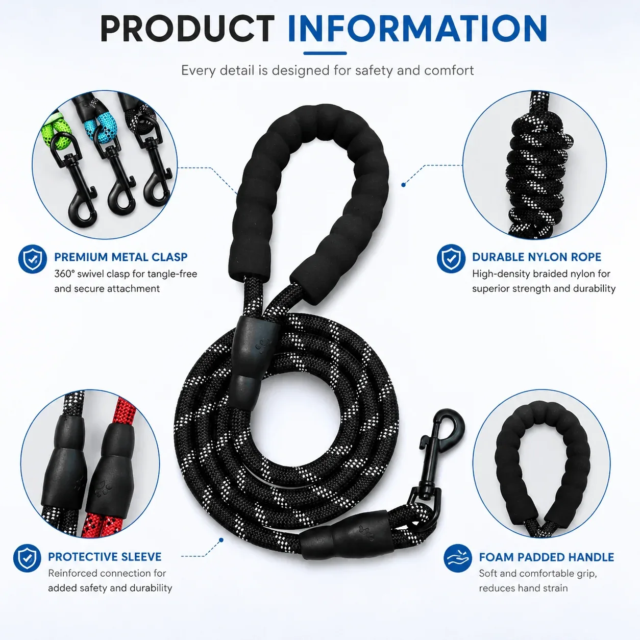 Reflective Nylon Dog Leash with Soft Padded Handle - Image 2