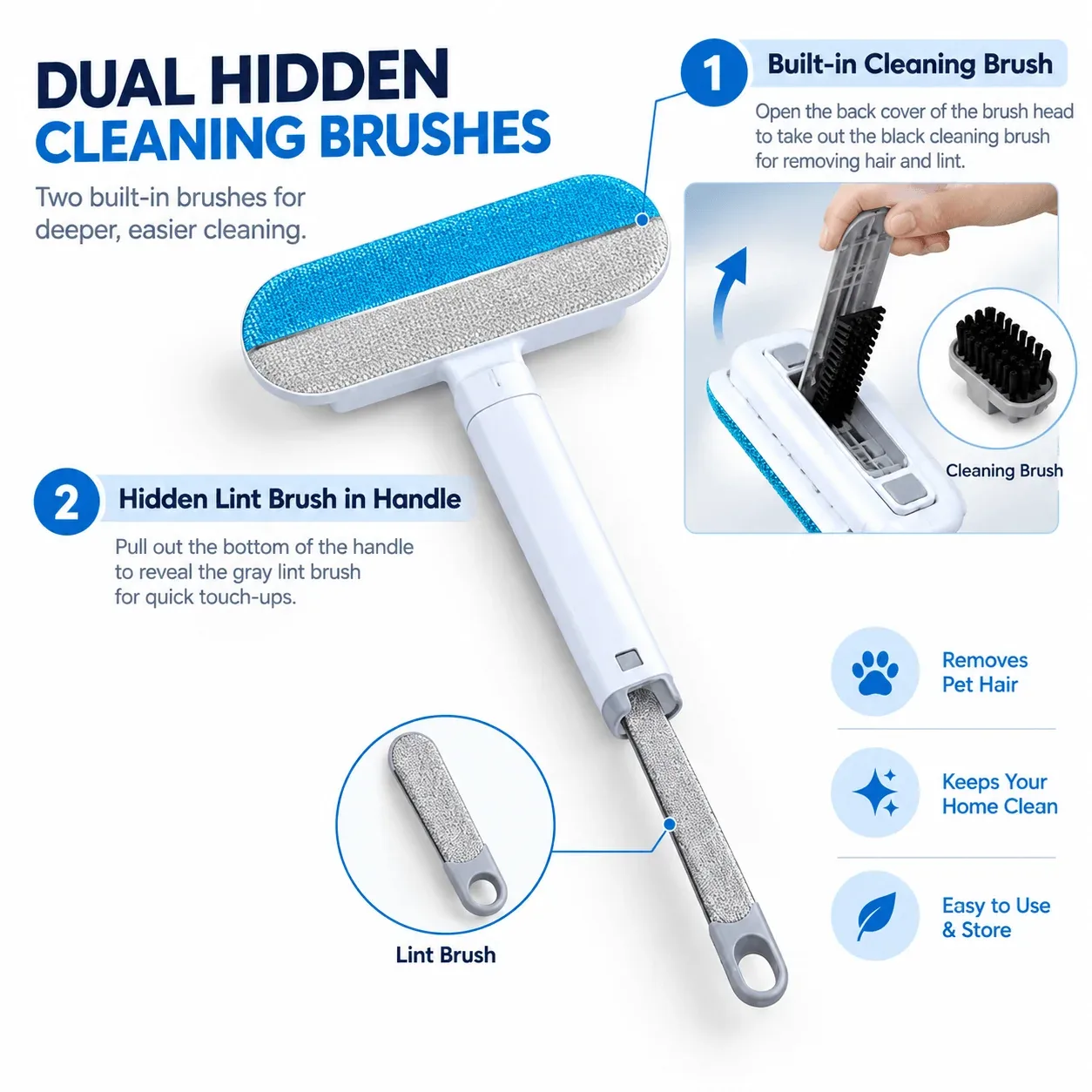 Reusable Pet Hair Remover Brush with 2 Built-In Mini Brushes - Image 2