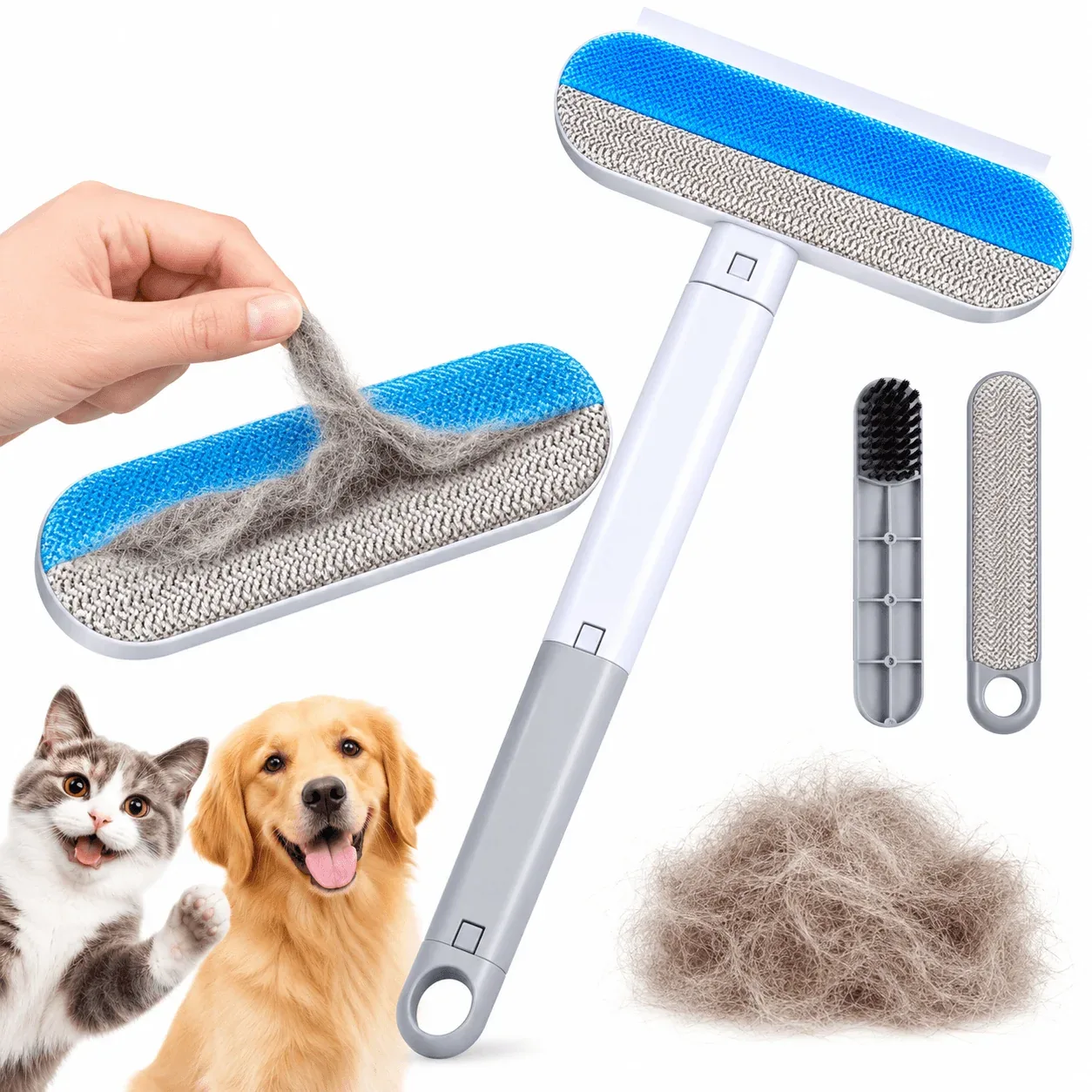 Reusable Pet Hair Remover Brush with 2 Built-In Mini Brushes