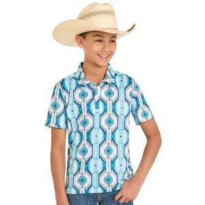 Rock & Roll Denim Boy's Turquoise Aztec Print Polo