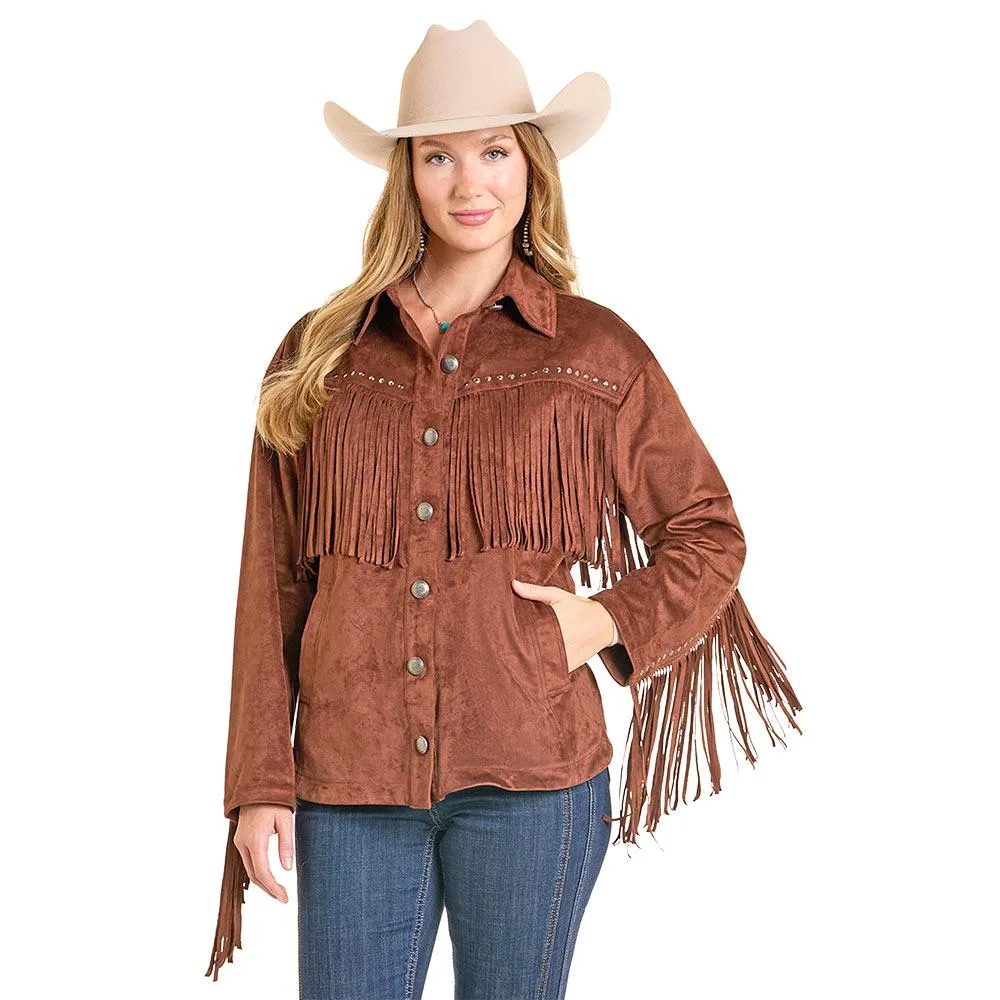 Rock & Roll Denim Women's Brown Fringe Microsuede Shacket