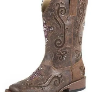Roper Kids Sq 9in Faux Leather Cross Brn Boots