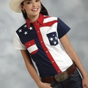 Roper Ladies Americana Pieced SS Shirt Lg Blu