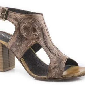 Roper Ladies Floral Tooled Open Toe Leather Mules with Back Strap Buckle