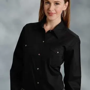 Roper Ladies Poplin Long Sleeve Variegated Snap Shirt - Black