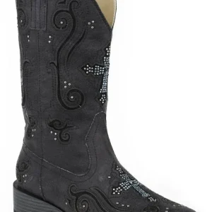 Roper Ladies Sq 11in Crystal Cross Blk Boots