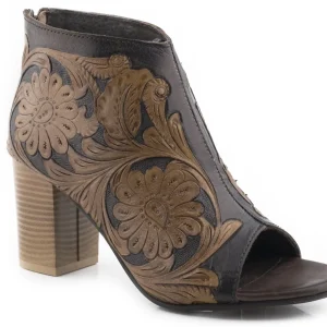 Roper Ladies Tooled Leather Back Zip Open Toe Sandals