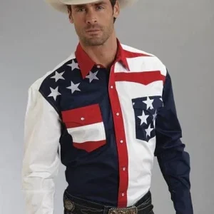 Roper Mens Americana Collection Flag SnapShirt Md