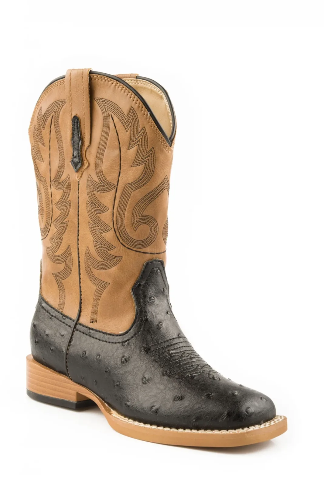 Roper Mens Sq Toe 11in Faux Ostrich Blk Boots