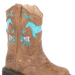 Roper Toddler Horse Flowers Lights Boots 5 Tan/Blu
