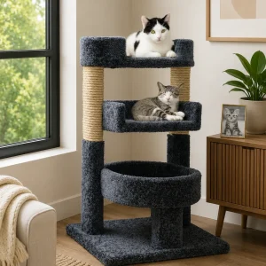 Round Triple Cat Perch for Multi-Cat Homes | Solid Wood & Sisal – Made in USA