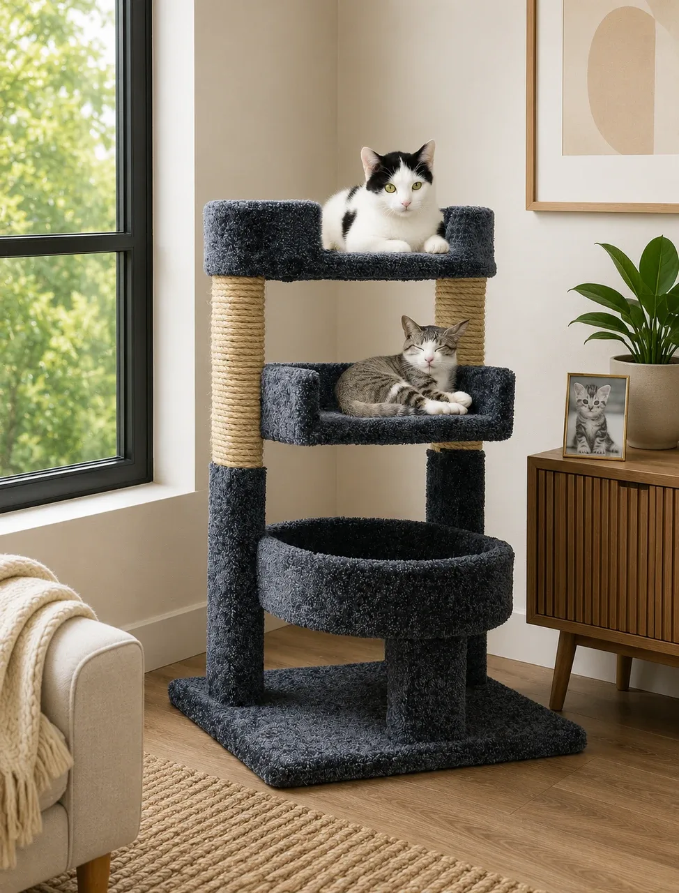 Round Triple Cat Perch for Multi-Cat Homes | Solid Wood & Sisal – Made in USA