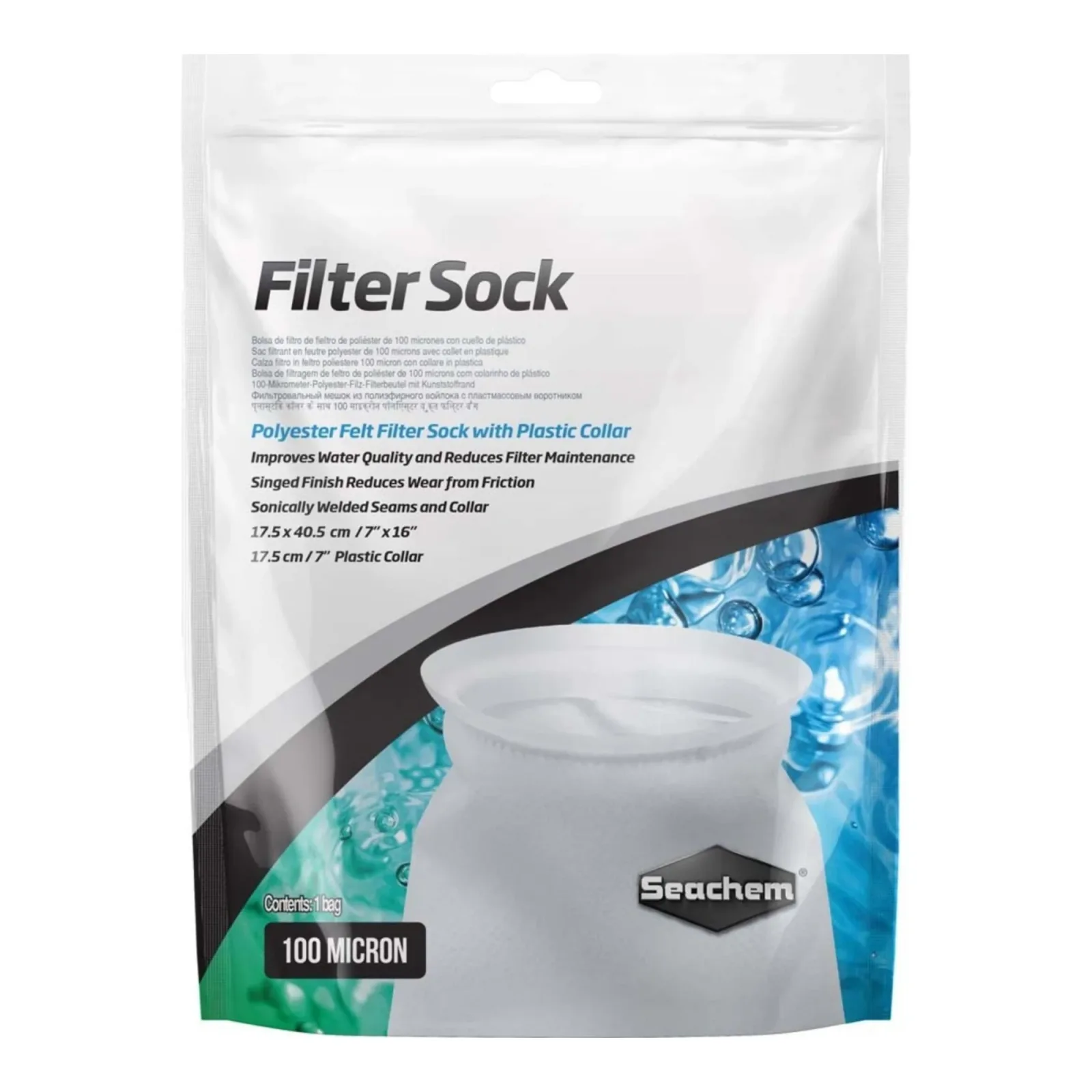 Seachem Laboratories Aquarium Filter Sock with Plastic Collar, White, 7 in x 16 in, Large