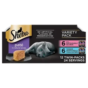 Sheba Perfect Portions All Life Stages Salmon/White Fish Pate Wet Cat Food Variety Pack, 2.6 oz., Pack of 24 Twin-Pack Trays