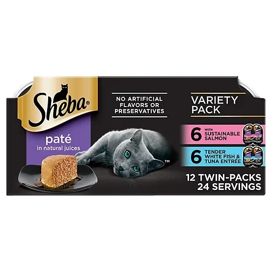 Sheba Perfect Portions All Life Stages Salmon/White Fish Pate Wet Cat Food Variety Pack, 2.6 oz., Pack of 24 Twin-Pack Trays