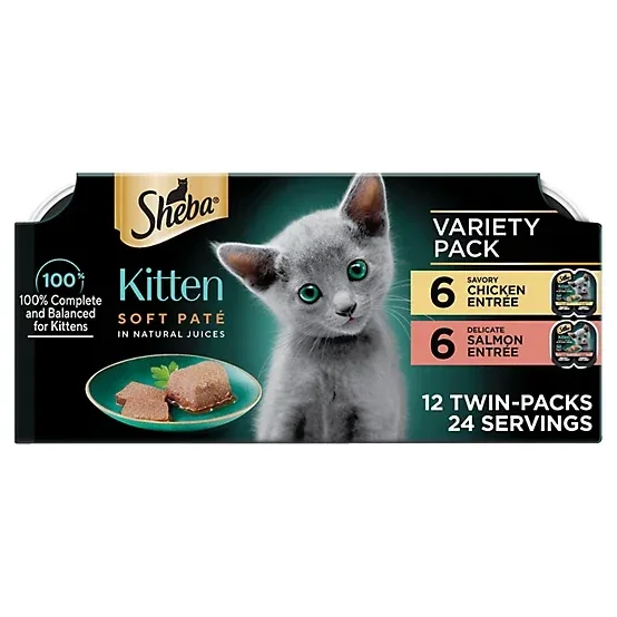Sheba Perfect Portions Kitten Chicken/Salmon Pate Wet Cat Food Variety Pack, 2.6 oz., Pack of 24 Twin-Pack Trays