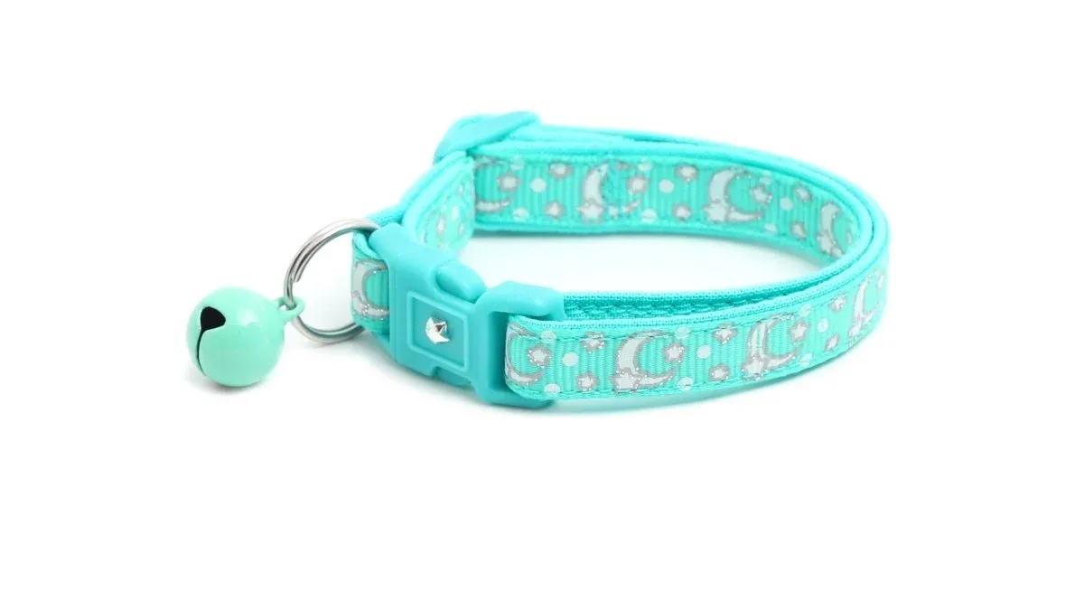 Silver Moons and Stars on Aqua Cat Collar - Image 2