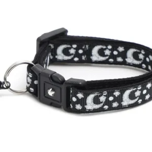 Silver Moons and Stars on Black Cat Collar