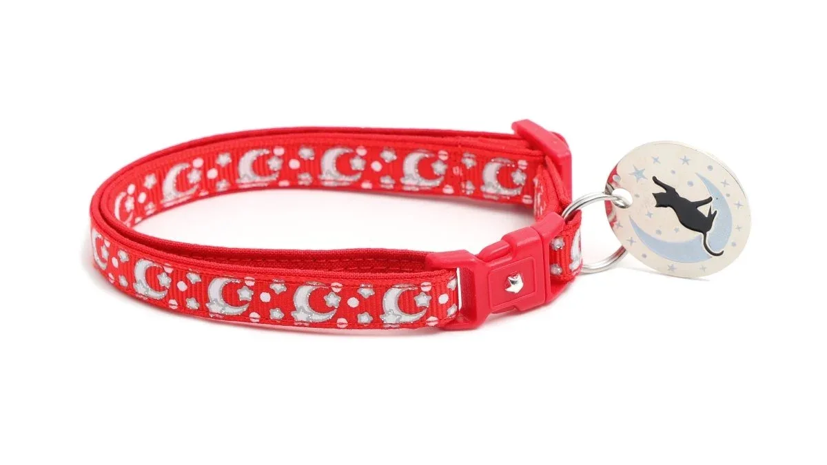 Silver Moons and Stars on Bright Red Cat Collar - Image 2
