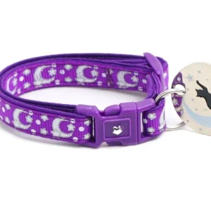 Silver Moons and Stars on Dark Purple Cat Collar