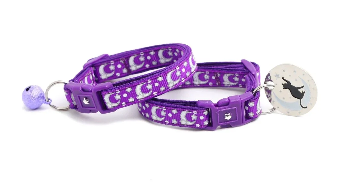 Silver Moons and Stars on Dark Purple Cat Collar - Image 2