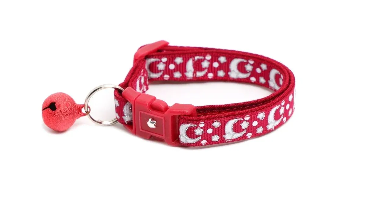 Silver Moons and Stars on Dark Red Cat Collar - Image 2