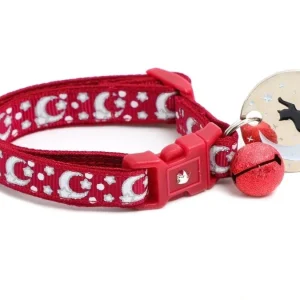 Silver Moons and Stars on Dark Red Cat Collar