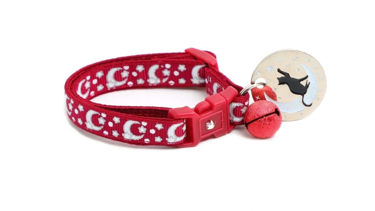 Silver Moons and Stars on Dark Red Cat Collar