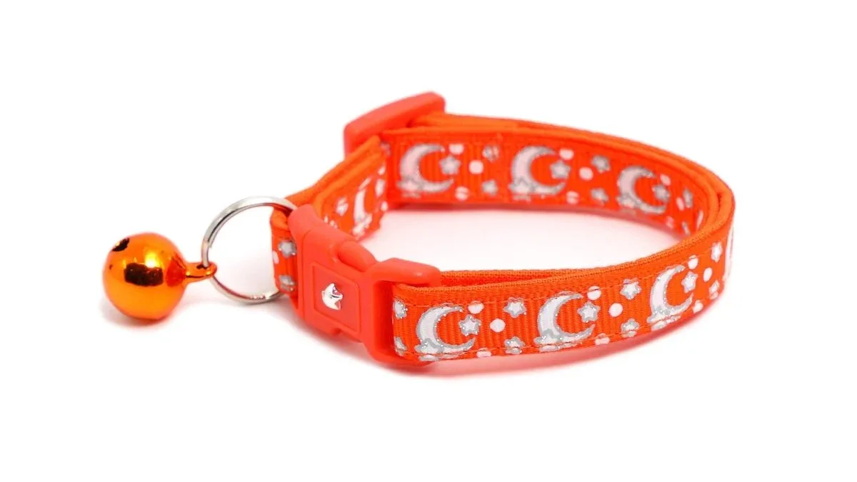 Silver Moons and Stars on Orange Cat Collar - Image 2