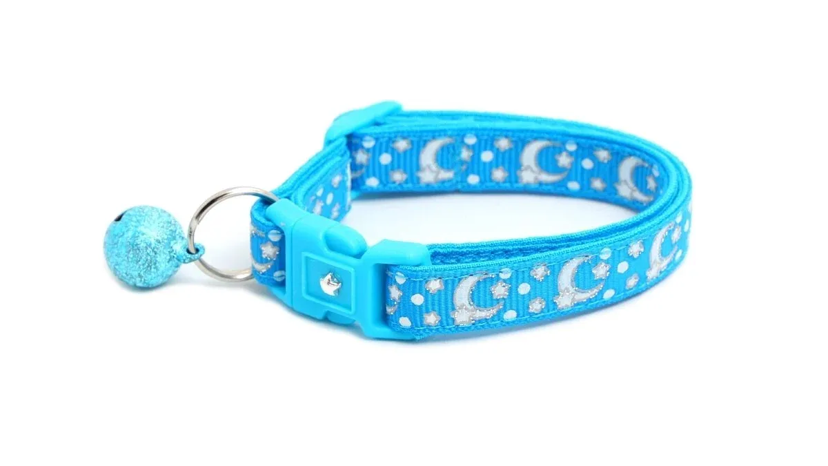 Silver Moons and Stars on Peacock Blue Cat Collar