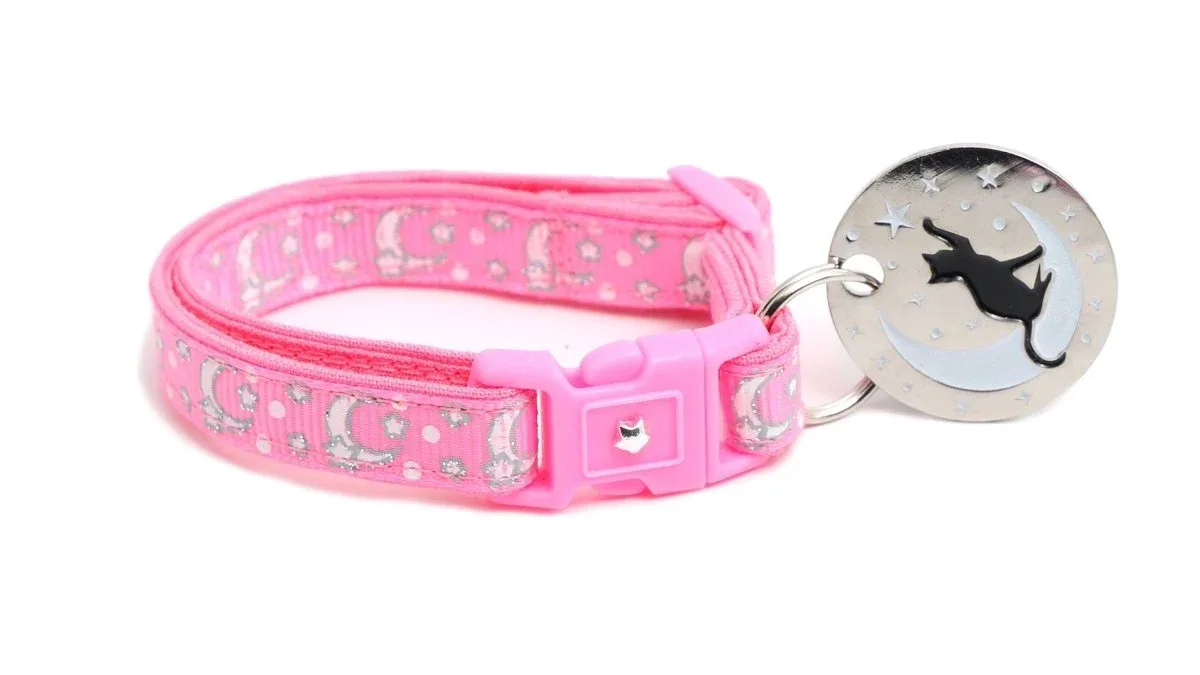 Silver Moons and Stars on Peony Pink Cat Collar - Image 2