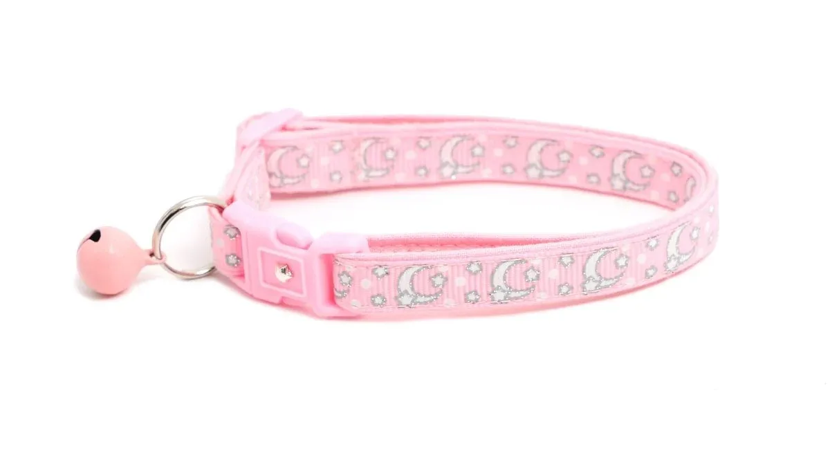 Silver Moons and Stars on Powder Pink Cat Collar - Image 2