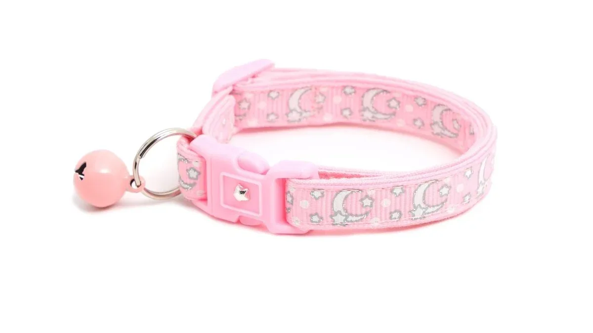 Silver Moons and Stars on Powder Pink Cat Collar