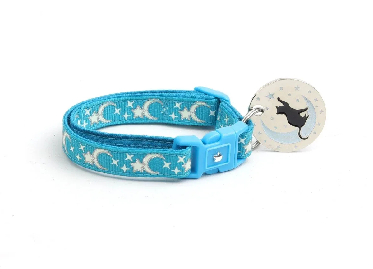 Silver Moons and Stars on Turquoise Cat Collar - Image 2