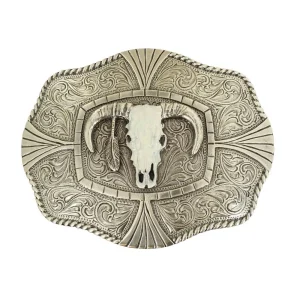 Silver with White Skull Rectangle Belt Buckle